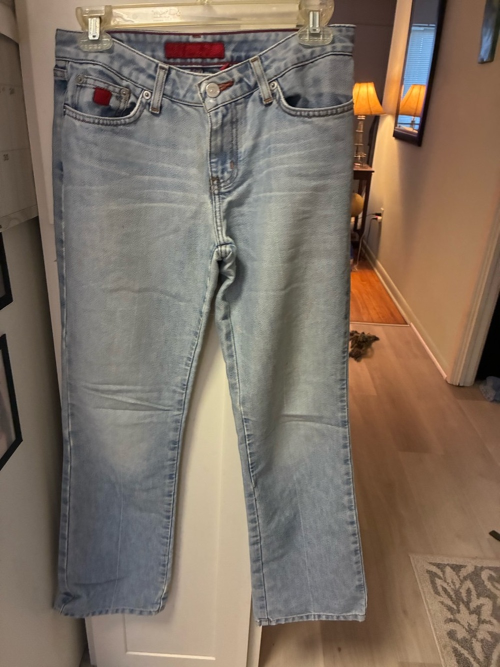Light Wash Straight Leg Jeans - Red Pocket Accent